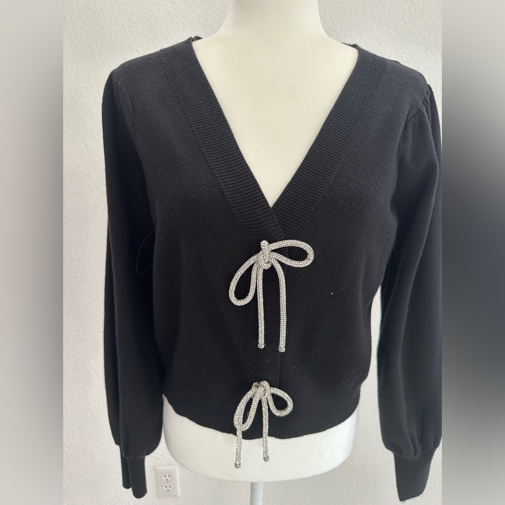 Rachel Zoe Black V-Neck Sweater with Silver Bow Details